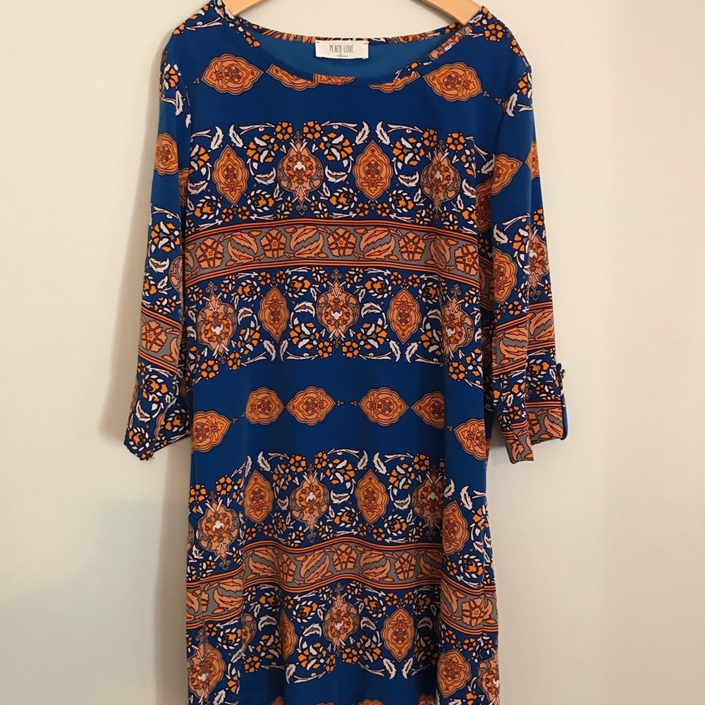 Peach Love, Blue and Gold dress, 3/4 sleeve, Small